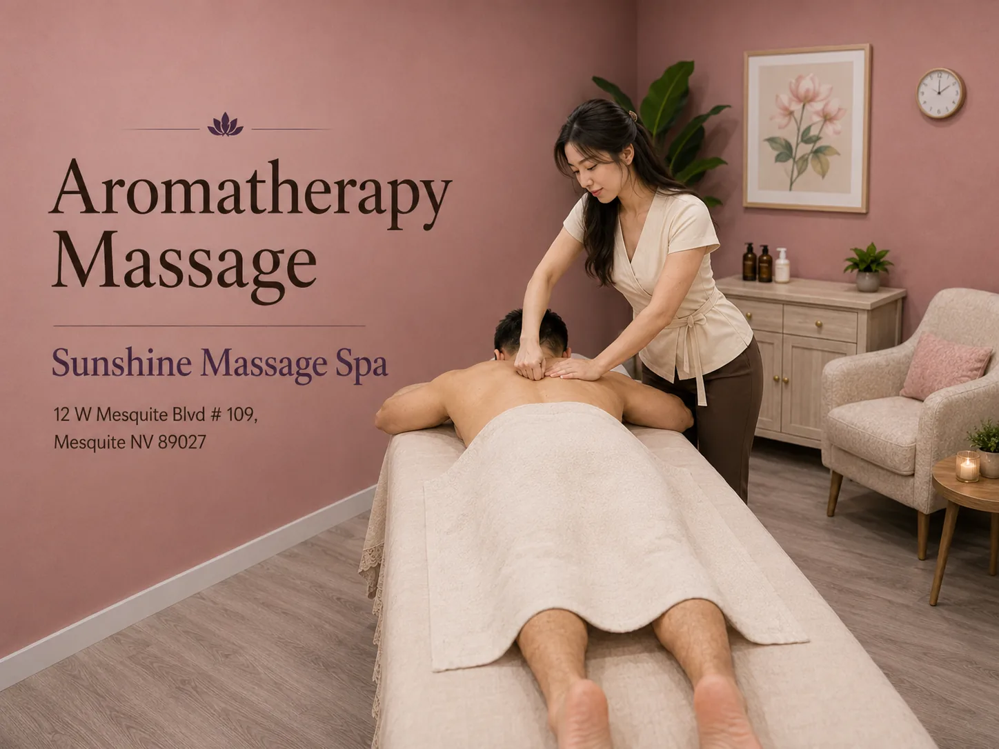 Aromatherapy massage with warm scented oil in Mesquite, NV at Sunshine Massage Spa