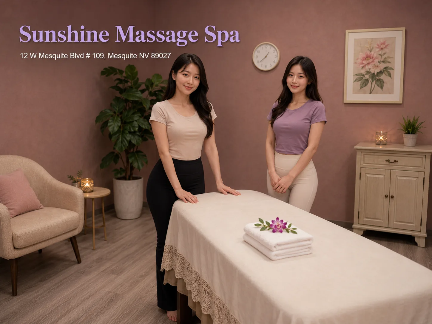 Friendly massage therapists ready to welcome guests at Sunshine Massage Spa in Mesquite NV