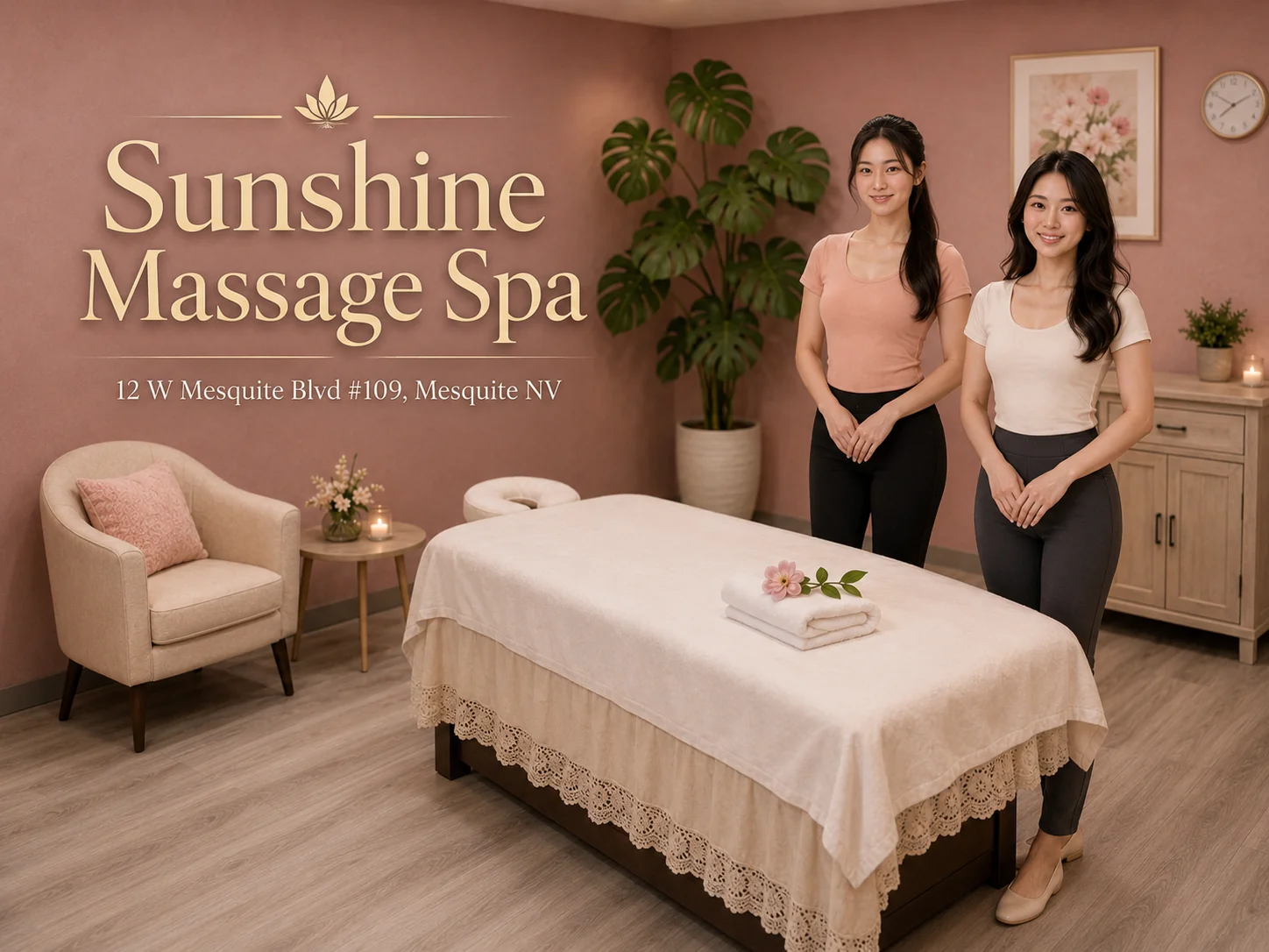 Friendly massage therapists in a clean room at Sunshine Massage Spa near Mesquite and nearby areas