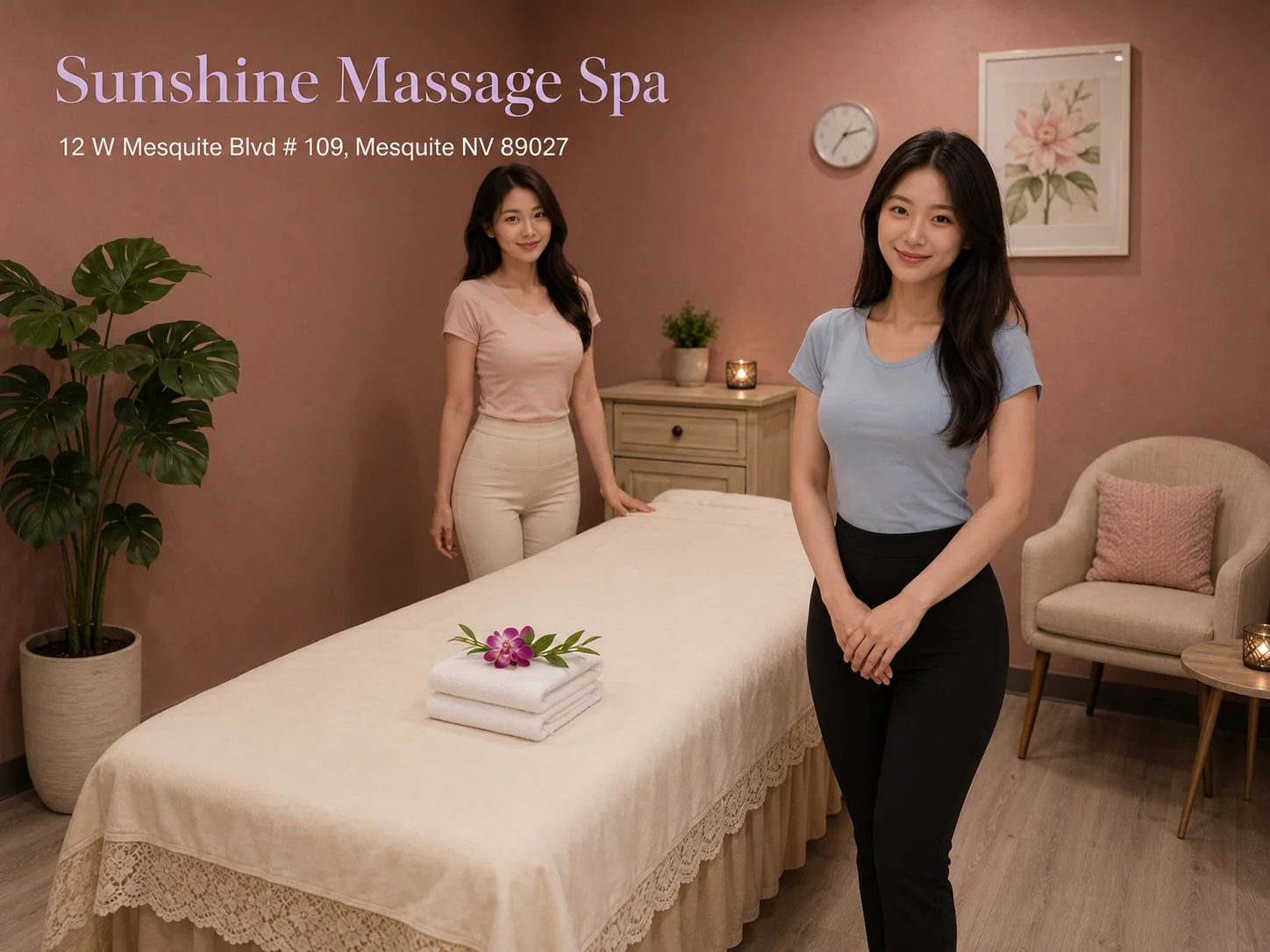 Friendly massage therapists welcoming first-time guests at Sunshine Massage Spa in Mesquite NV