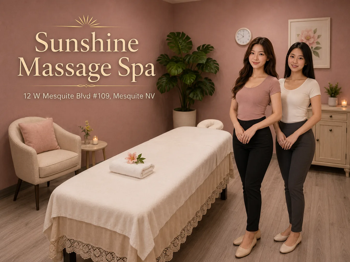 A clean, comfortable massage room at Sunshine Massage Spa in Mesquite, NV