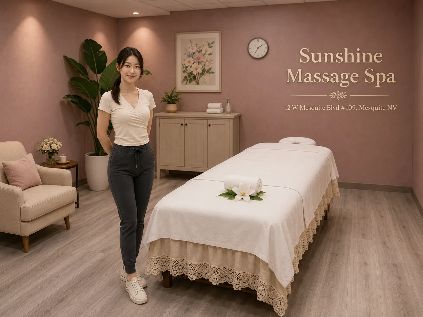 Clean, quiet comfortable massage room at Sunshine Massage Spa in Mesquite NV