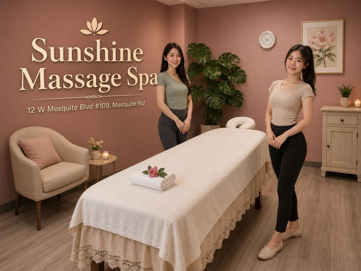 Friendly massage therapists welcoming guests at Sunshine Massage Spa in Mesquite NV