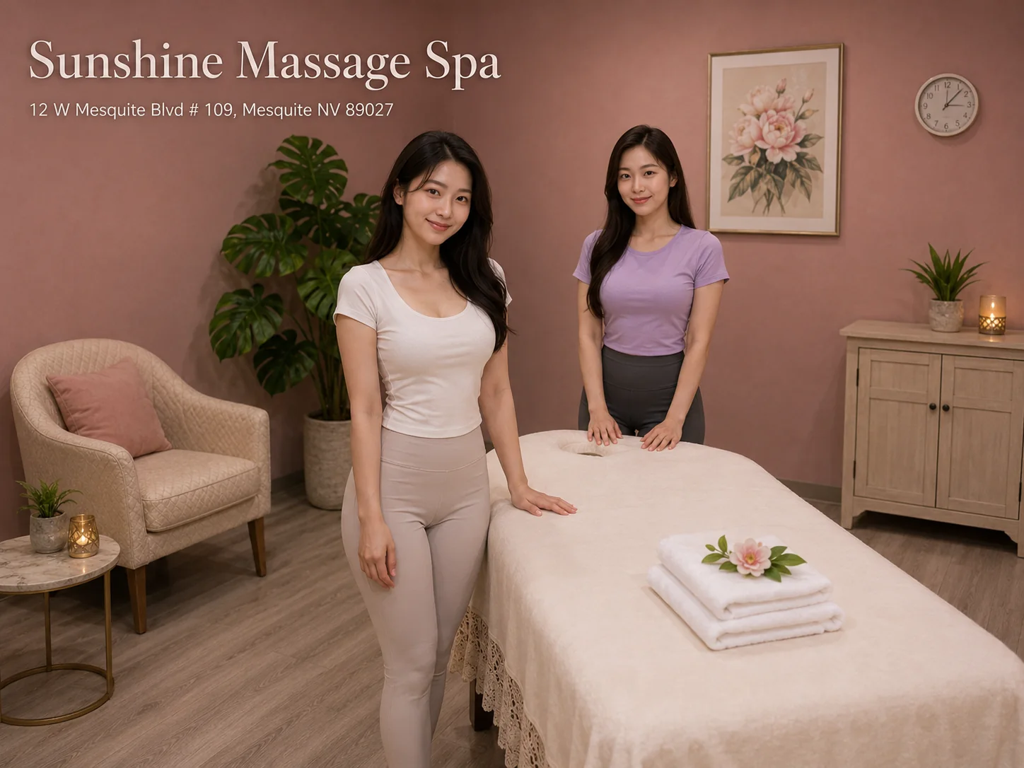 Welcoming massage therapists ready for your visit at Sunshine Massage Spa in Mesquite NV