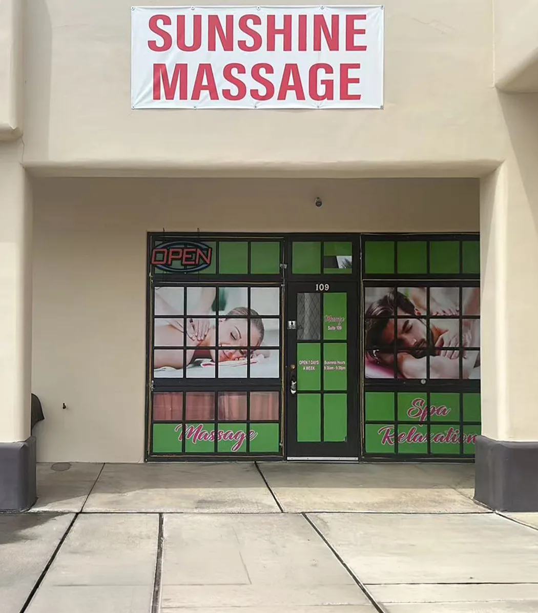 Storefront entrance of Sunshine Massage Spa at 12 W Mesquite Blvd in Mesquite NV