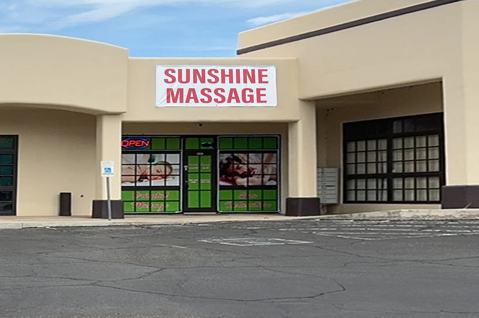 Storefront of Sunshine Massage Spa in Mesquite NV on W Mesquite Blvd